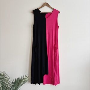 Lisa Bayne Black Pink Colorblock Asymmetrical Midi Dress Large Art To Wear